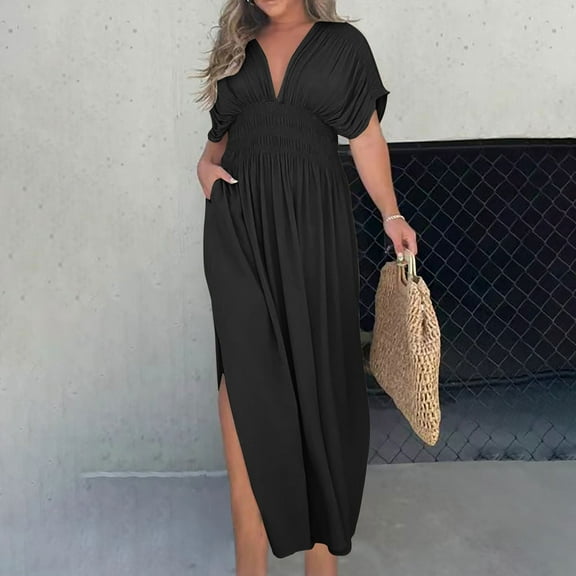 Women Summer Fashion Short Sleeve Vent Round-Neck Casual Dress