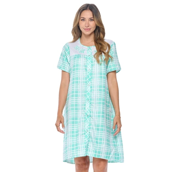 Casual Nights Women's Snap Front House Dress, Lightweight Short Sleeve Cotton-Poly Knit Duster Robe with Pockets, Mid-Calf, Plaid Light Green Large
