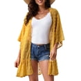thumbnail image 1 of Jacquard Beach Cover Up Sheer Ruffle Hem Color puro Mangas 3/4 Cover Up para mujer Verano, 1 of 5