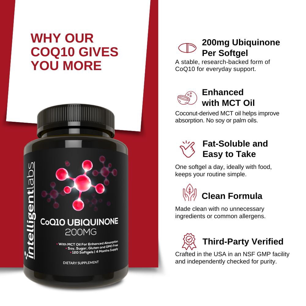 Intelligent Labs CoQ10 200mg Softgels with MCT Oil | Heart Health & Cellular Energy Support | 120 Softgels (4-months Supply)