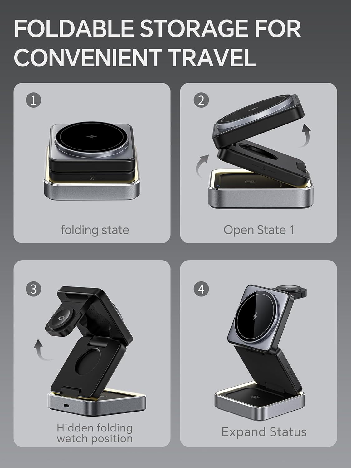 3 in 1 Wireless Charger for iPhone 17 16 15 14 13 12 11 Pro Max Foldable Wireless Charging Station with Night Light for MagSafe Travel Magnetic Charger Stand Fast Charging for AirPods Apple Watch B