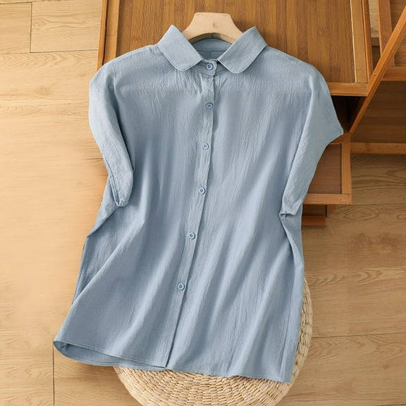 Meichang Womens Linen Button Down Shirts Solid Lapel Cap Sleeve Tops Work Office Casual Blouses Comfy Lightweight Basic Summer Tops Light Blue L