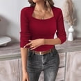 thumbnail image 2 of XPMWRP Women's Solid Color Sweaters Fall Fashion Ribbed Long Sleeve Lightweight Knit Square Neck Tops Cute and Trendy Outfits Red M, 2 of 8