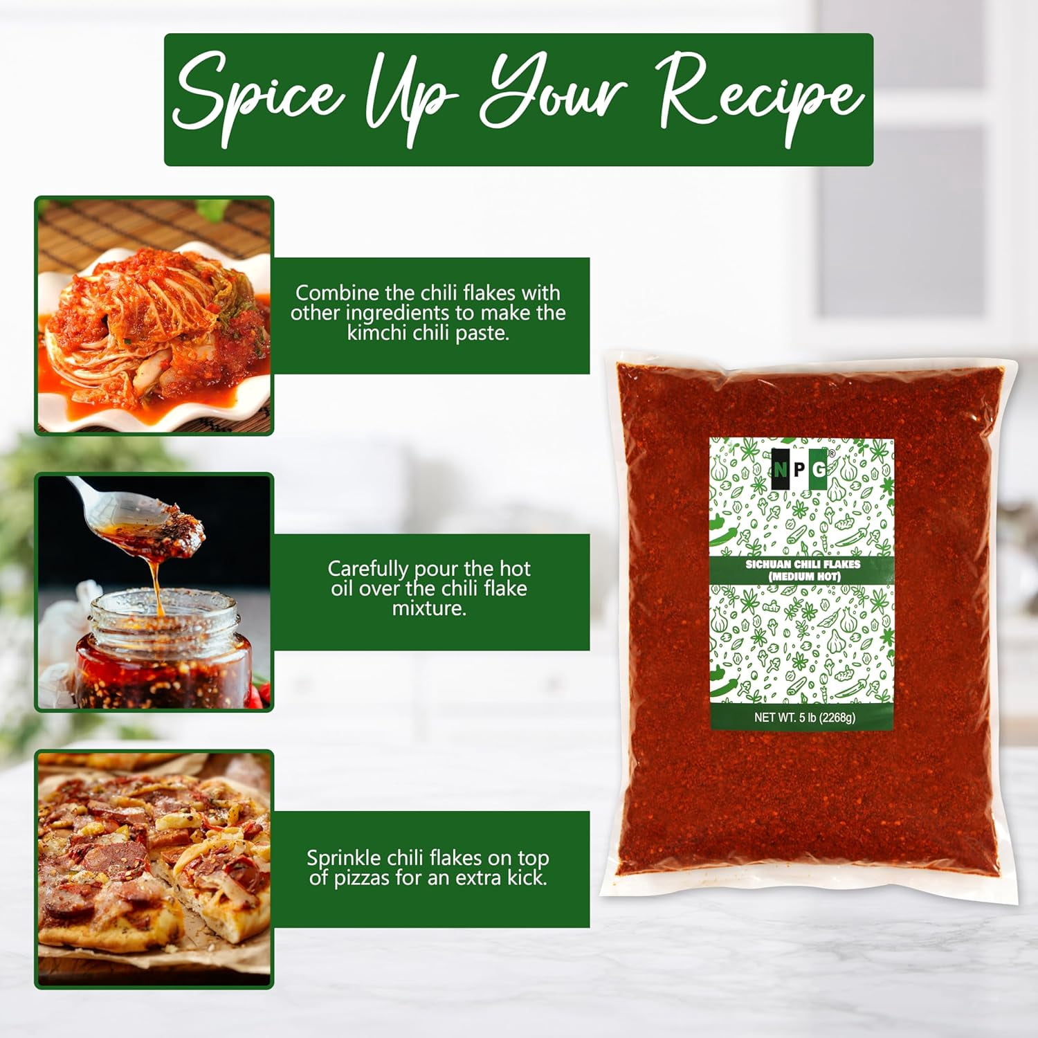 NPG Authentic Sichuan Chili Flakes 5 LB Bulk, Medium Hot, Szechuan Crushed Red Pepper Flakes Bulk, Essential Spice Seasoning for Making Kimchi, Chili Oil, Stir-fry, Pizza, Salads, and Tacos