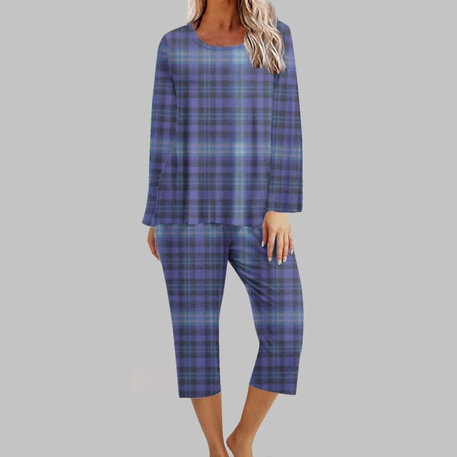 Puntoco Conjunto de capris de manga larga a cuadros con cuello redondo de dos piezas para mujer Puntoco Puntoco-768