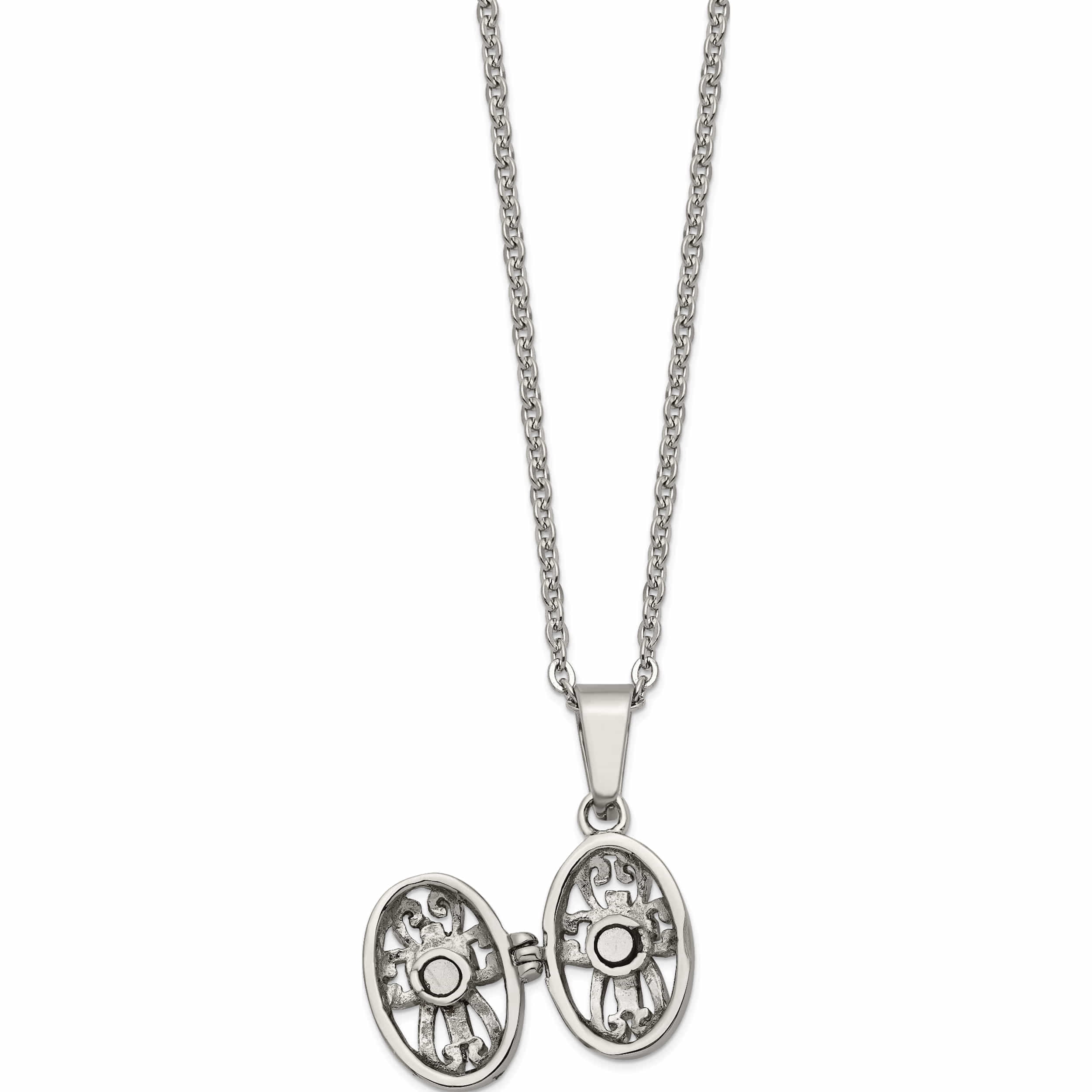 Stainless Steel Polished And Antiqued Oval Magnetic Prayer Box Necklace Made In China -Jewelry By Sweet Pea