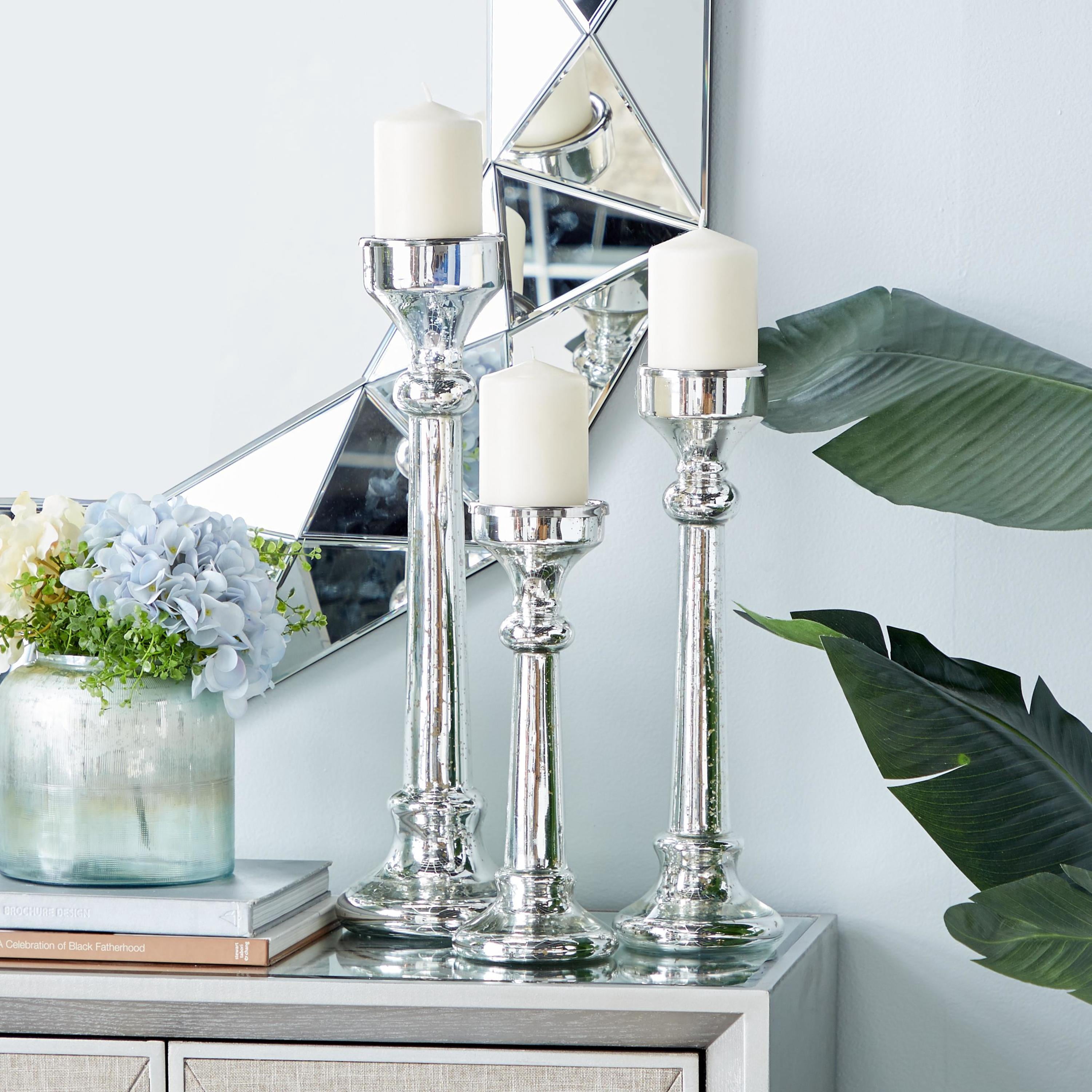 DecMode 3 Candle Silver Glass Candle Holder, Set of 3