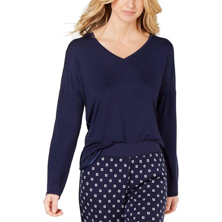 

Alfani Women s Ultra Soft Satin-Trimmed Drop Shoulder Pajama Top Navy Medium)