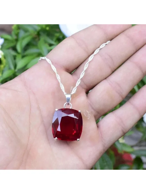Natural Red Ruby 925 Sterling Silver Pendant, 25 Carat, Cushion Shape