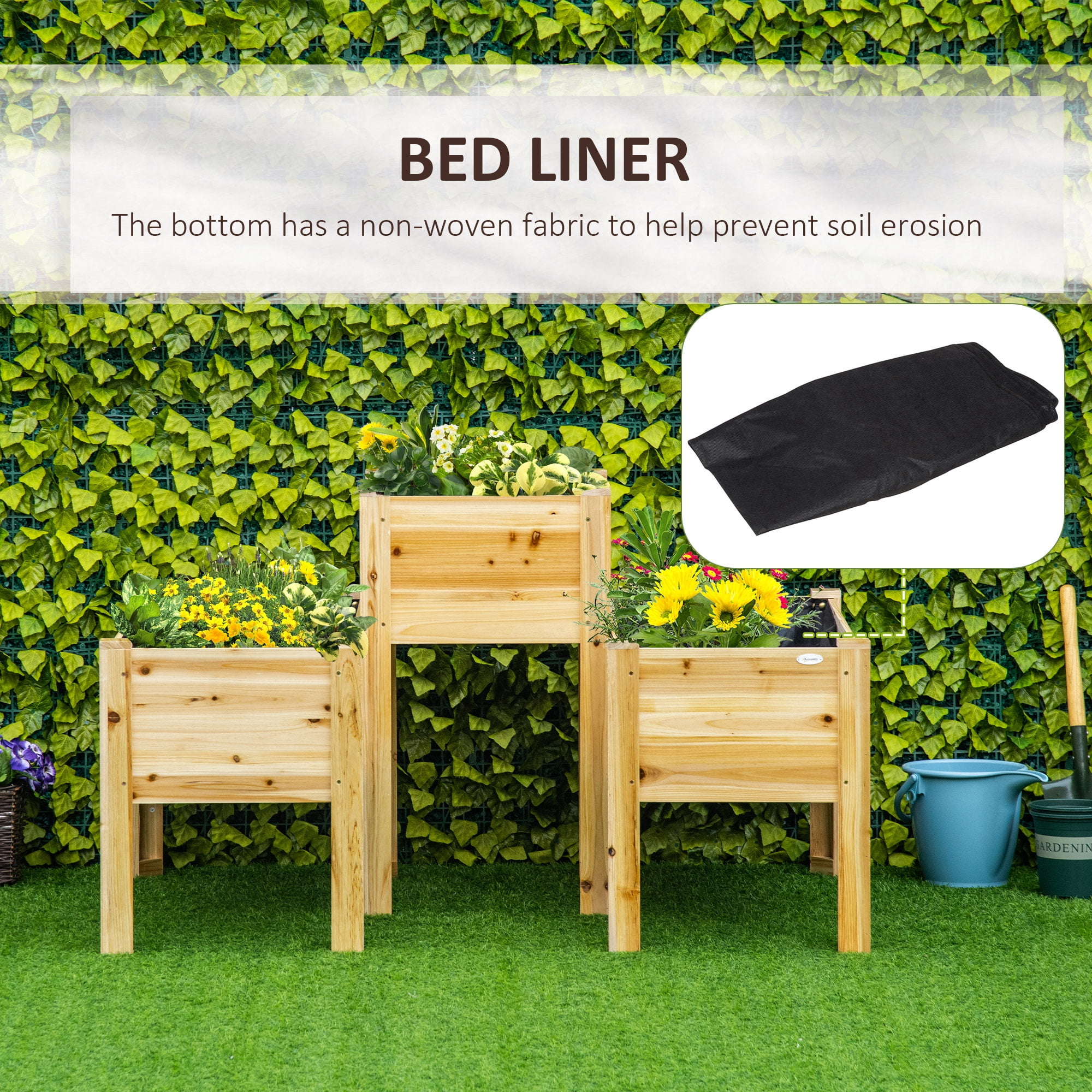 Garden Pots Outsunny Raised Garden Bed Set of 3, Wooden Elevated Planter Box with Legs and Bed Liner, for Backyard and Patio to Grow Vegetables, Herbs, and Flowers, Natural,Outdoor Garden Planters