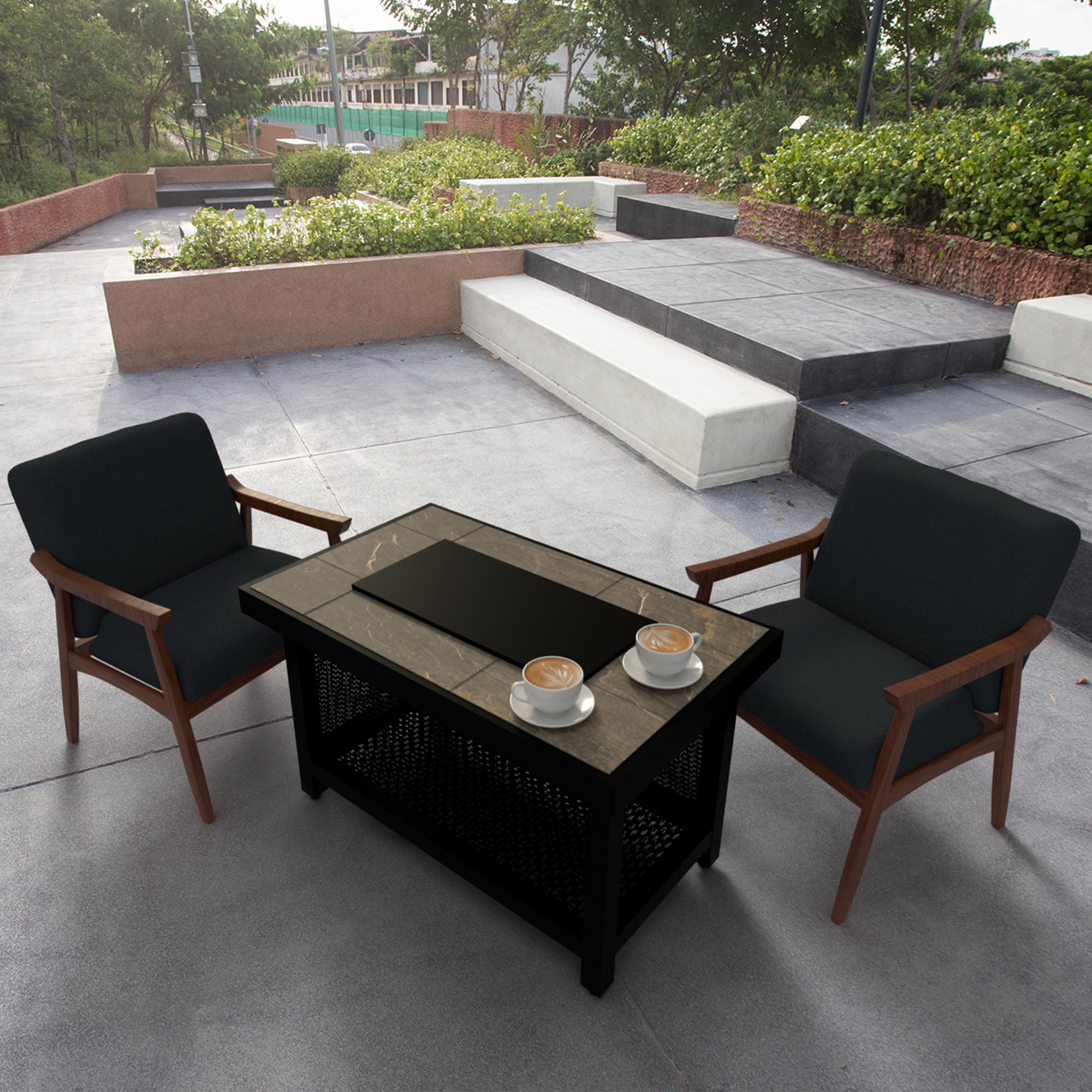 Four Seasons Courtyard Wilmette Firepit Woven Wicker with Stone Top