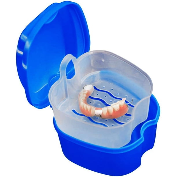 Estuche para baño para dentaduras postizas, con contenedor de red colgante, color azul oscuro.