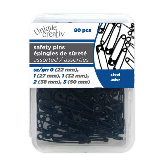 UNIQUE Creativ Safety Pins — Black, Assorted Sizes, 80 Pieces