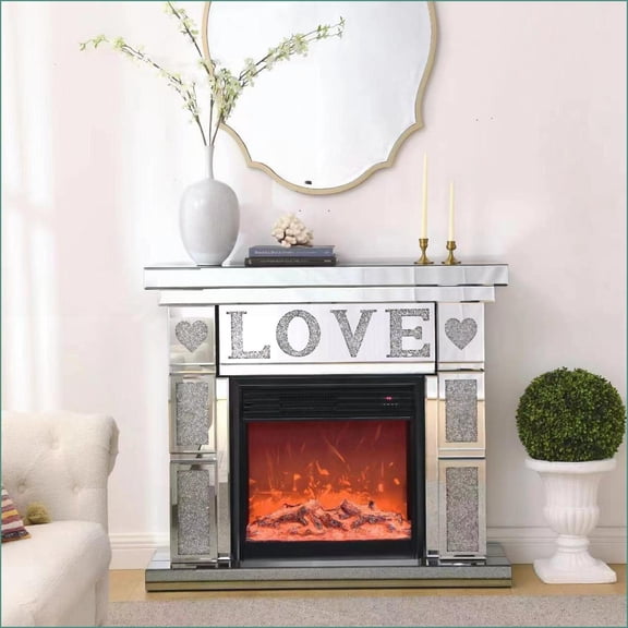 Electric Fireplace 3D LED Flames 46"W Mirror Cabinet | Brushed Silver | Freestanding