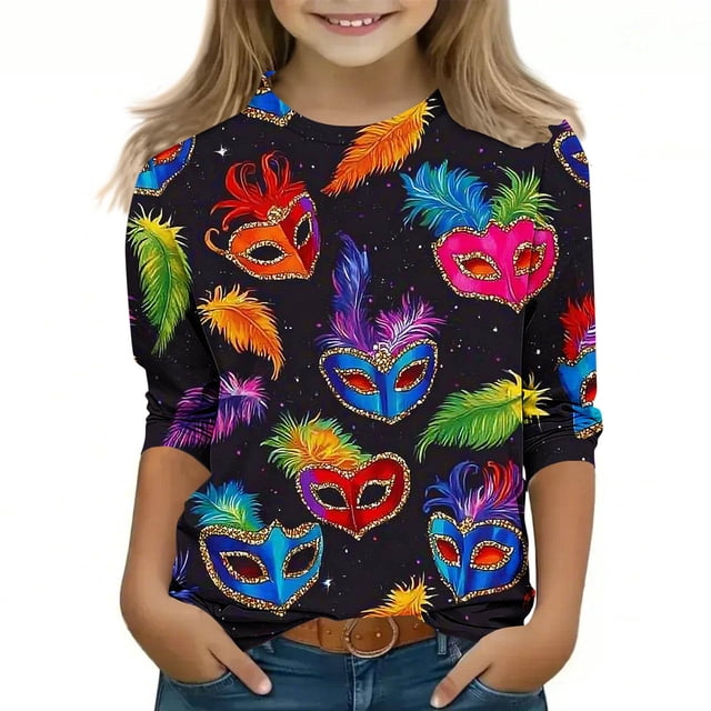 Tauxra Carnaval Imprimé 3/4 Manches Col Rond Haut pour Adultes, Chemise en Polyester Doux avec Tissu Respirant et Extensible, pour Tenue Décontractée, Usage Domestique et Rassemblements Sociaux