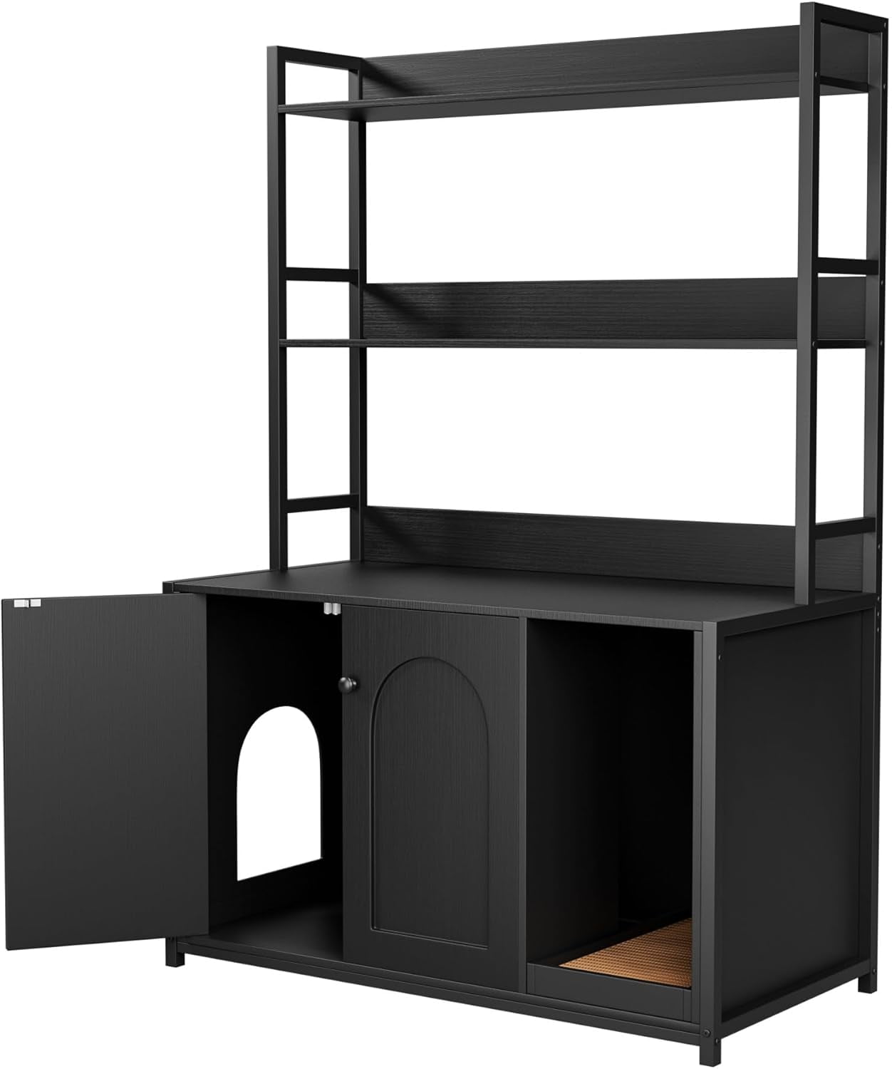 NEILA Litter Box Enclosure with 2 Storage Shelves White Hidden Cat Litter Box Furniture with Scratch Pad, Indoor Cat House Kitty Box Washroom Cat Bookshelf Cabinet, Black