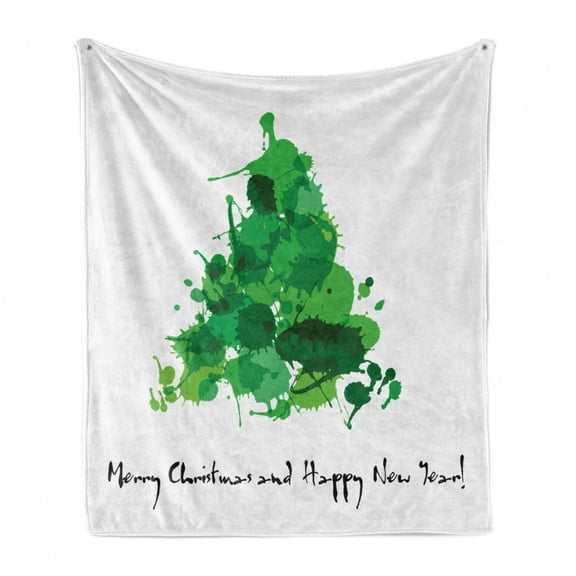 New Year Soft Flannel Fleece Blanket, Modern Style Christmas Tree from Grunge Paint Splashes and Conceptual Typography, Cozy Plush for Indoor and Outdoor Use, 50" x 60", Green White, by Ambesonne