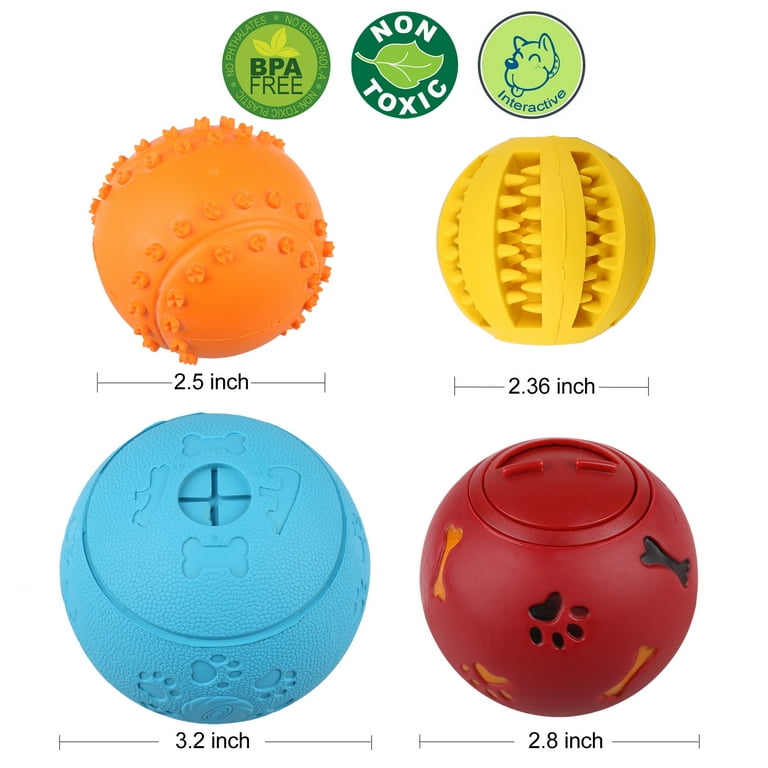 PrimePets Dog Treat Ball, 4 Pack Interactive Food Dispensing Puppy Puzzle  Toy, Non-Toxic, Natural Rubber, for Tooth Cleaning, IQ Training, Chewing