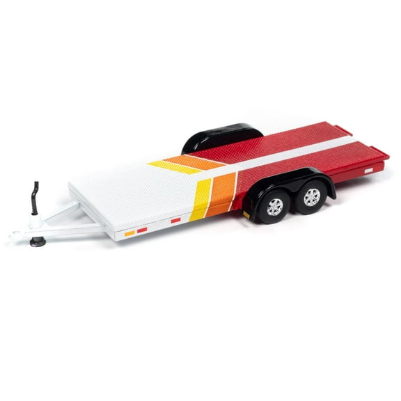 1980 Toyota Land Cruiser Pickup Truck White and Red with Stripes and Open Car Trailer Limited Edition "Tow & Go" Series 1/64 Diecast Model Car by Johnny Lightning