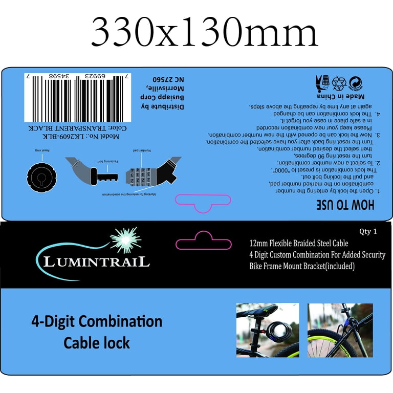Lumintrail Bike Cable Lock 6 ft Self Coiling 12mm Braided Steel Cable Resettable Combination Cable Lock with Included Mounting Bracket