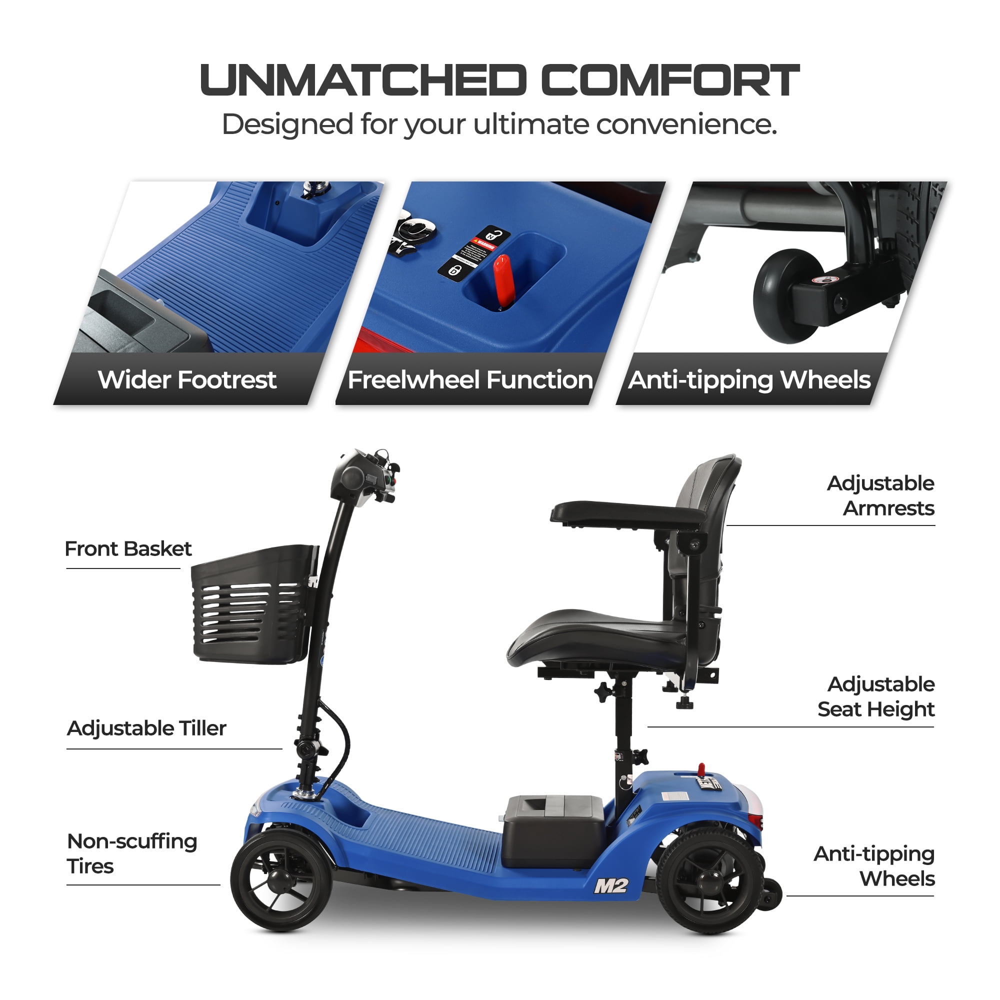 ENYOPRO Mobility Scooters for Seniors, 4 Wheel Foldable Electric Wheelchair Device with Bright Headlights USB Port, 330 lbs Capacity, Blue