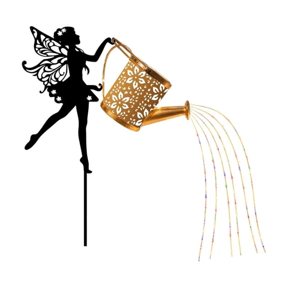 Outdoor Solar Garden Light Decor with Fairy Silhouette and Watering Can for Yard Patio Decoration in Black Gold Multi-Color‌
