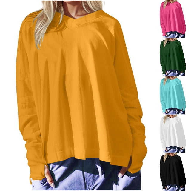 EQWLJWE Chandails en Molleton Oversize pour Femmes Coupe Ample, Liquidation Tunique Col Rond Pull, Hauts Tunique Manches Longues Décontractés Col en V avec Trous pour les Pouces