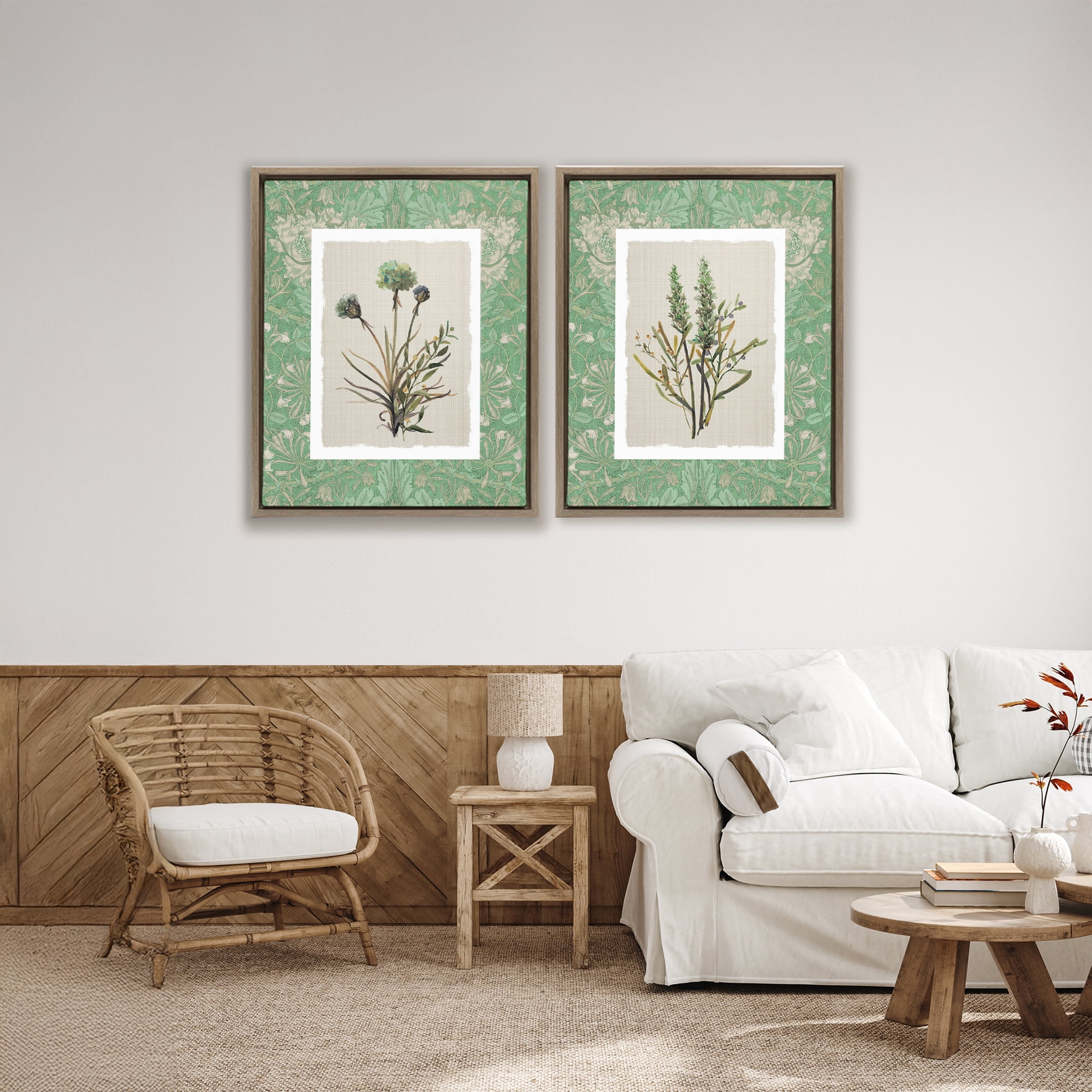 Stupell Industries Green Tone Herbal Blooms 2 Piece Brown Framed Floater Canvas Set, design by Carol Robinson