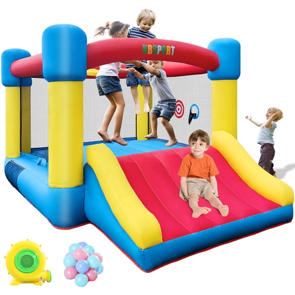 NBSPORT Inflatable Bounce House for Indoor & Outdoor Use, Kids Ages 3-8 with Slide, Large 6.7'x8.4' Jump Zone, Includes Blower