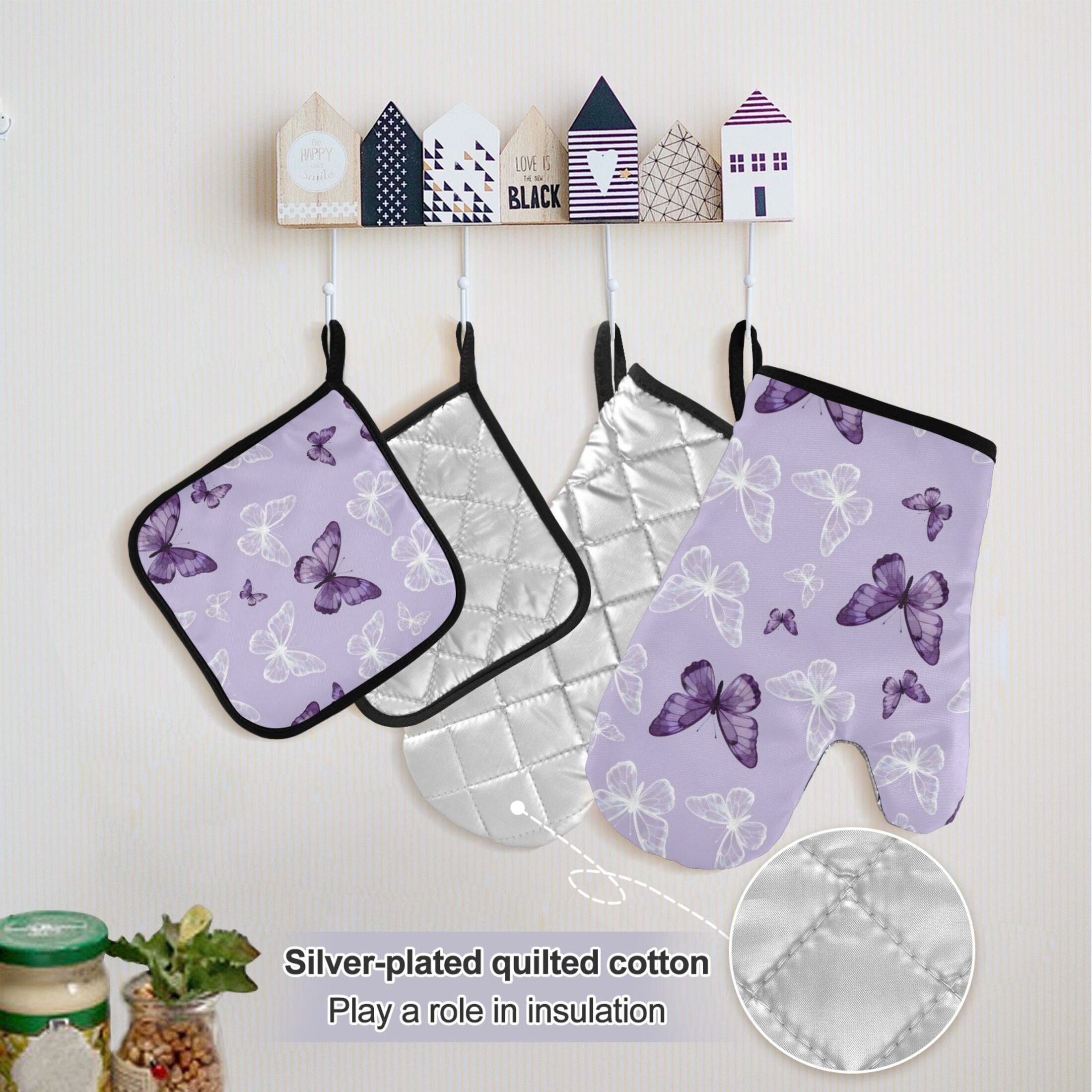 Ryvnso Butterfly Purple Kitchen Apron Oven Mitts Set Pot Holders