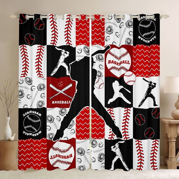 Erosebridal Red Black Baseball Black Out Curtains, Sport Curtains Pack of 2 (42x63 Each) for Boys and Girls
