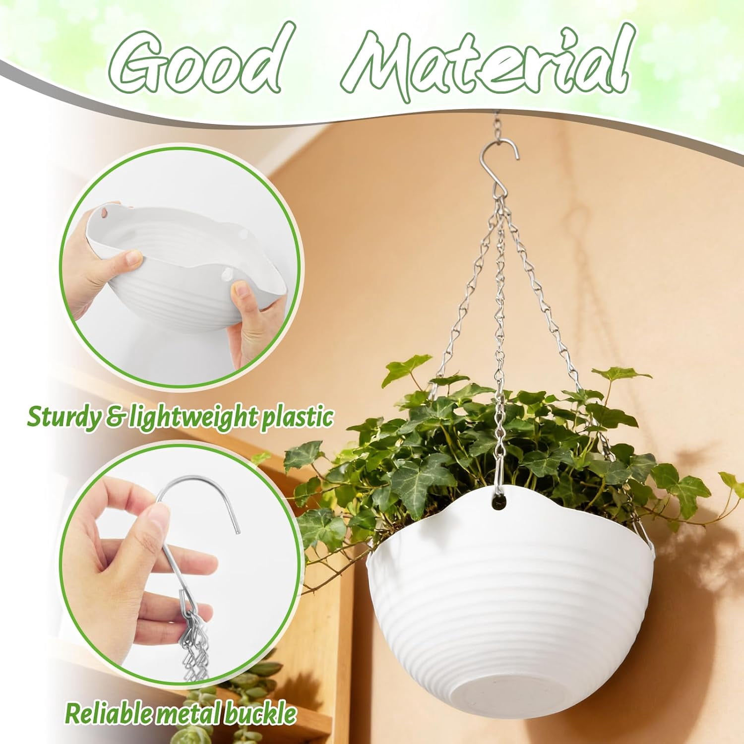 8 Pack Hanging Planter Pots,Self-Watering Flower Pot with Water Tray & Metal Chain,White Plastic Plant Pots for Indoor Outdoor Garden Decor,8 Inch