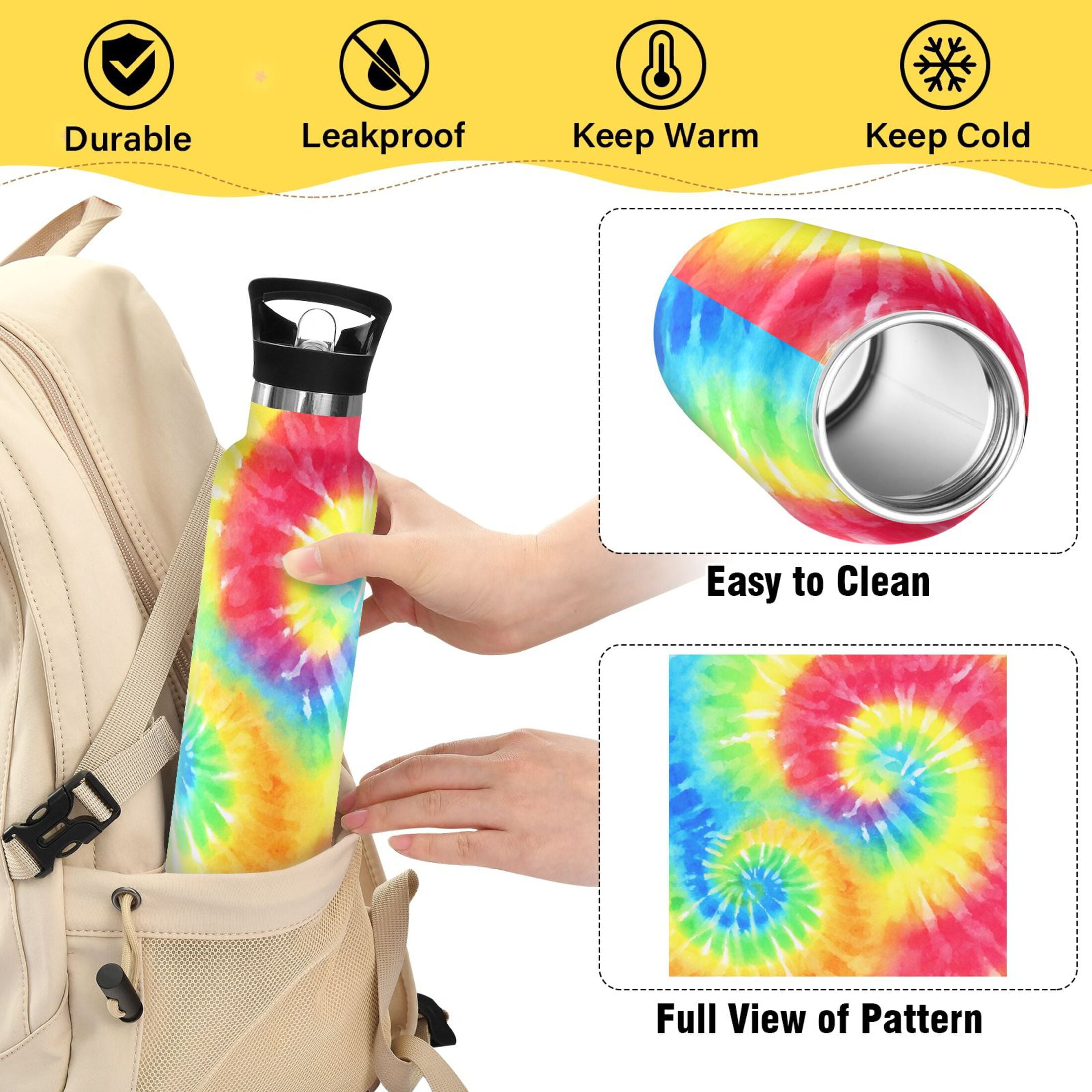 Kids Insulated Stainless Steel Sports Water Bottle 600ml (20oz) Tie-dyed Colorful Spiral Pattern