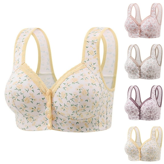 Horkkom Front Closure Bras for Women Plus Size Button Snap Closing Wireless Bras Floral Print Wide Strap Bras 40/90BC, Gifts for Women