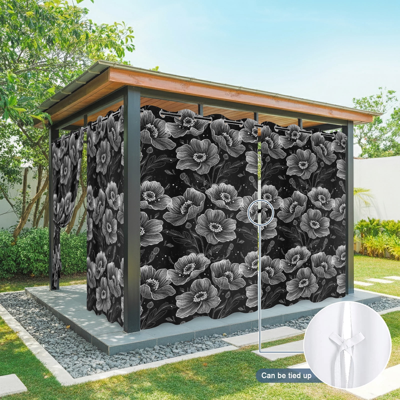 Peony Outdoor Curtains for Patio, Black Floral Botanical Silhouette Sunshade Privacy Drapes Grommet Waterproof Outside Curtains for Porch/Cabana/Balcony 54"x 108", 1 Panel
