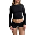 thumbnail image 1 of Diconna Ensemble de Vêtements pour Femmes Shorts Automne Couleur Unie Ajusté Col Rond Manches Longues Crop Tops Shorts 2 Pcs, 1 of 4