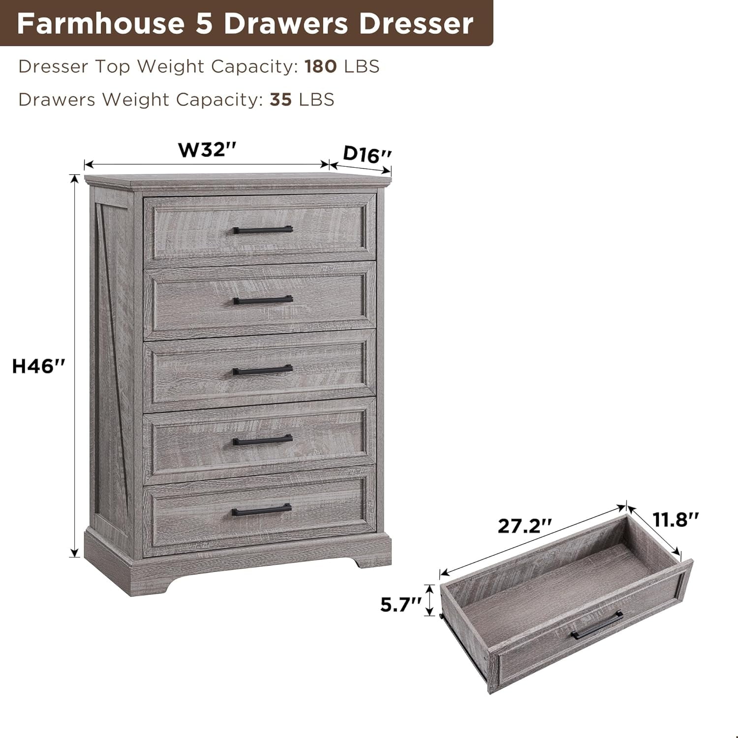 ACCOHOHO 5-Tier Storage Dressers, Wood Rustic Chest of Drawers for Bedroom Living Room, Grey