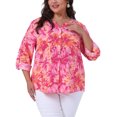 thumbnail image 1 of Blusas de mujer de tallas grandes Agnes Orinda, camisetas de flores con cuello en V, mangas largas enrolladas, camisas de botones casuales 2X color rosa intenso, 1 of 6