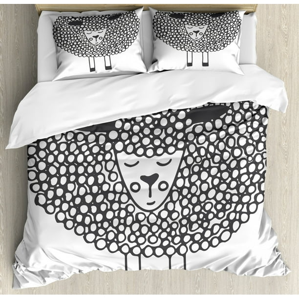 Grey And White King Size Duvet Cover Set Monochrome Sheep With Doodle Design Farm Animal Ilration Decorative 3 Piece Bedding 2 Pillow Shams Charcoal By Ambesonne Grey And White King Size Duvet Cover, Grey And White King Size Bedding Set