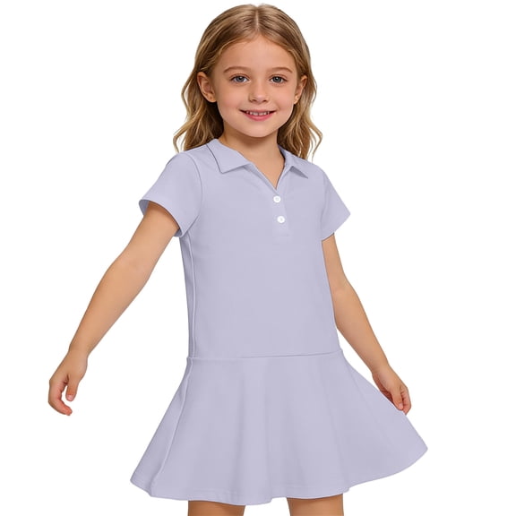 Girl Sporty Dress Short Sleeve Polo Uniform Dresses Summer Clothes Kids Casual Sundress with Pockets Light Purple 160