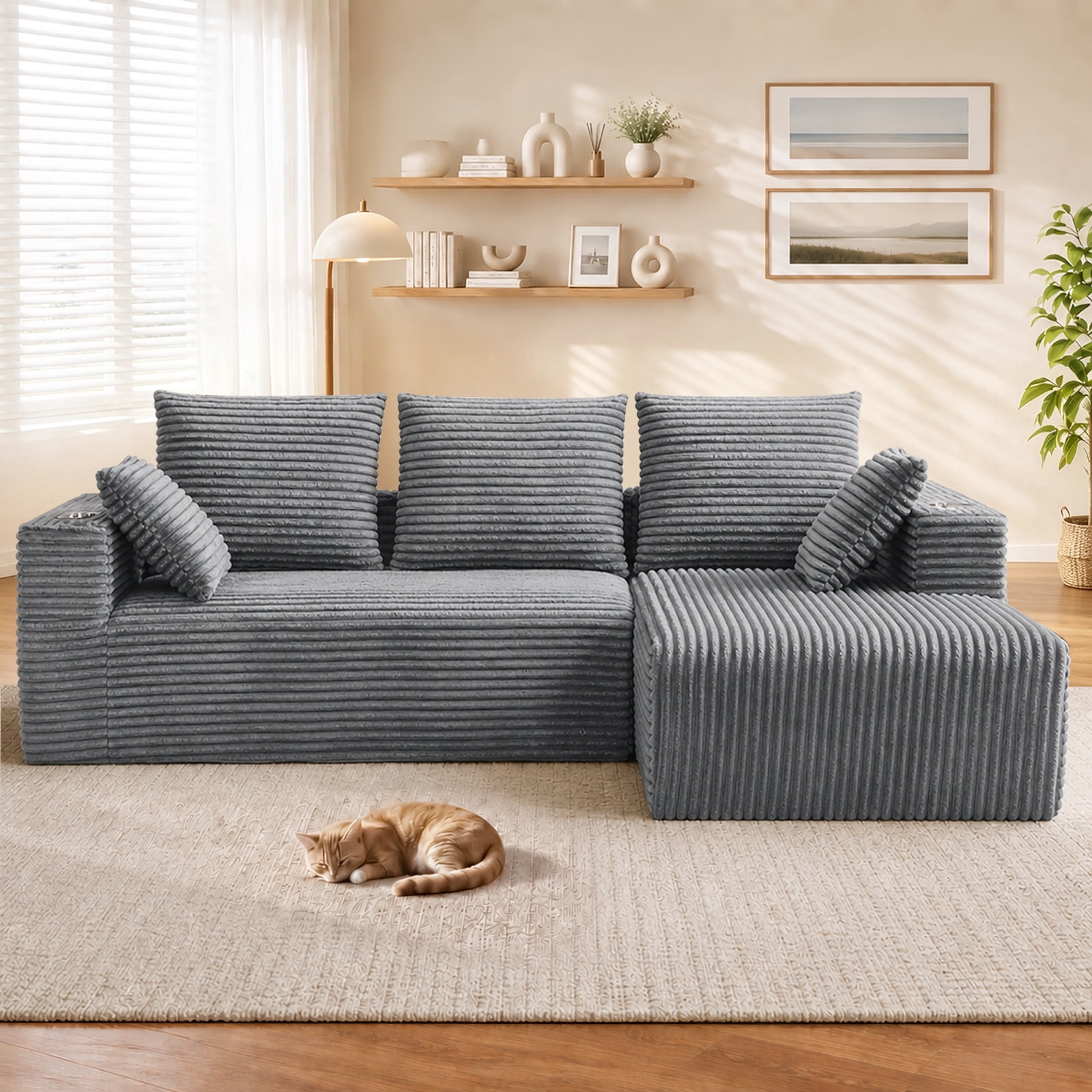 Lunale 95" Modular Sectional Sofa, L-Shaped Boneless Cloud Couch with Cup Holders, Modern Deep Seat Sofa for Living Room, Gray (Right Facing Chaise)