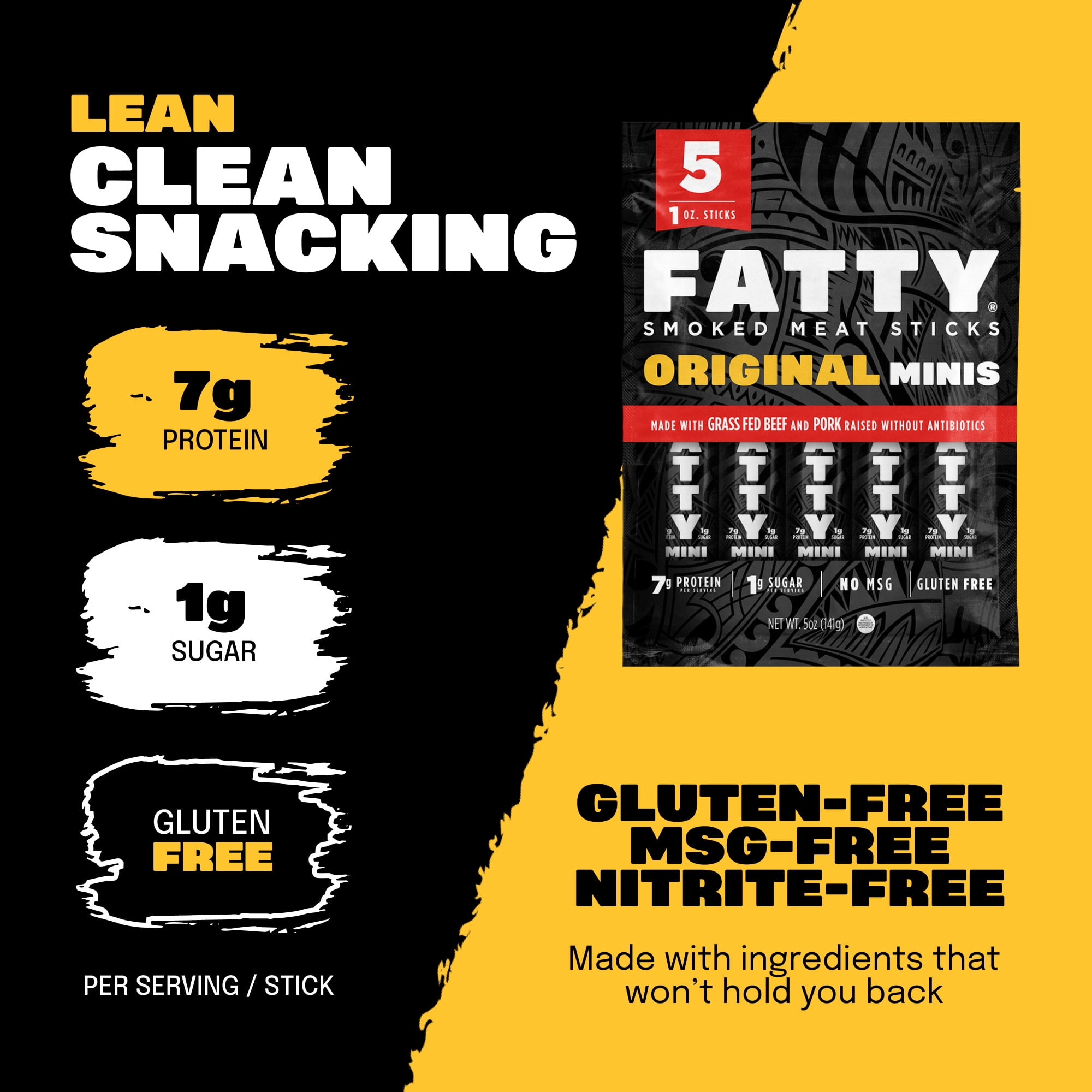 FATTY Mini Meat Sticks, Made with Grass Fed Beef, Pork Raised Without Antibiotics, 7g Protein Per Stick, Original Minis, 1 oz. Snack Size (Pack of 5)