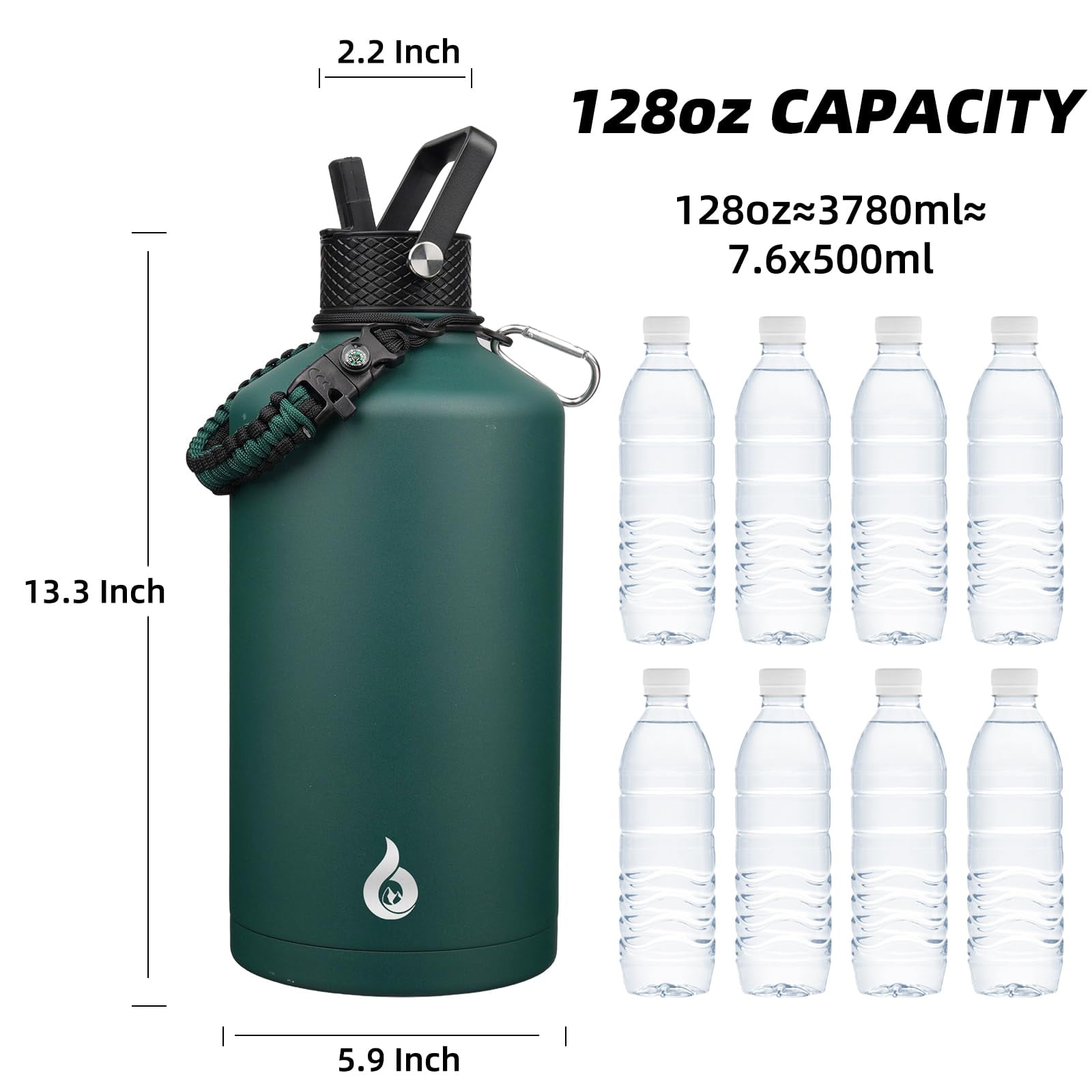 BJPKPK One Gallon Insulated Water Bottles with Straw Lid, 128oz Large, Stainless Steel Water Bottles with 3 Lids and Paracord Handle for Hot & Cold Liquid, Army Green