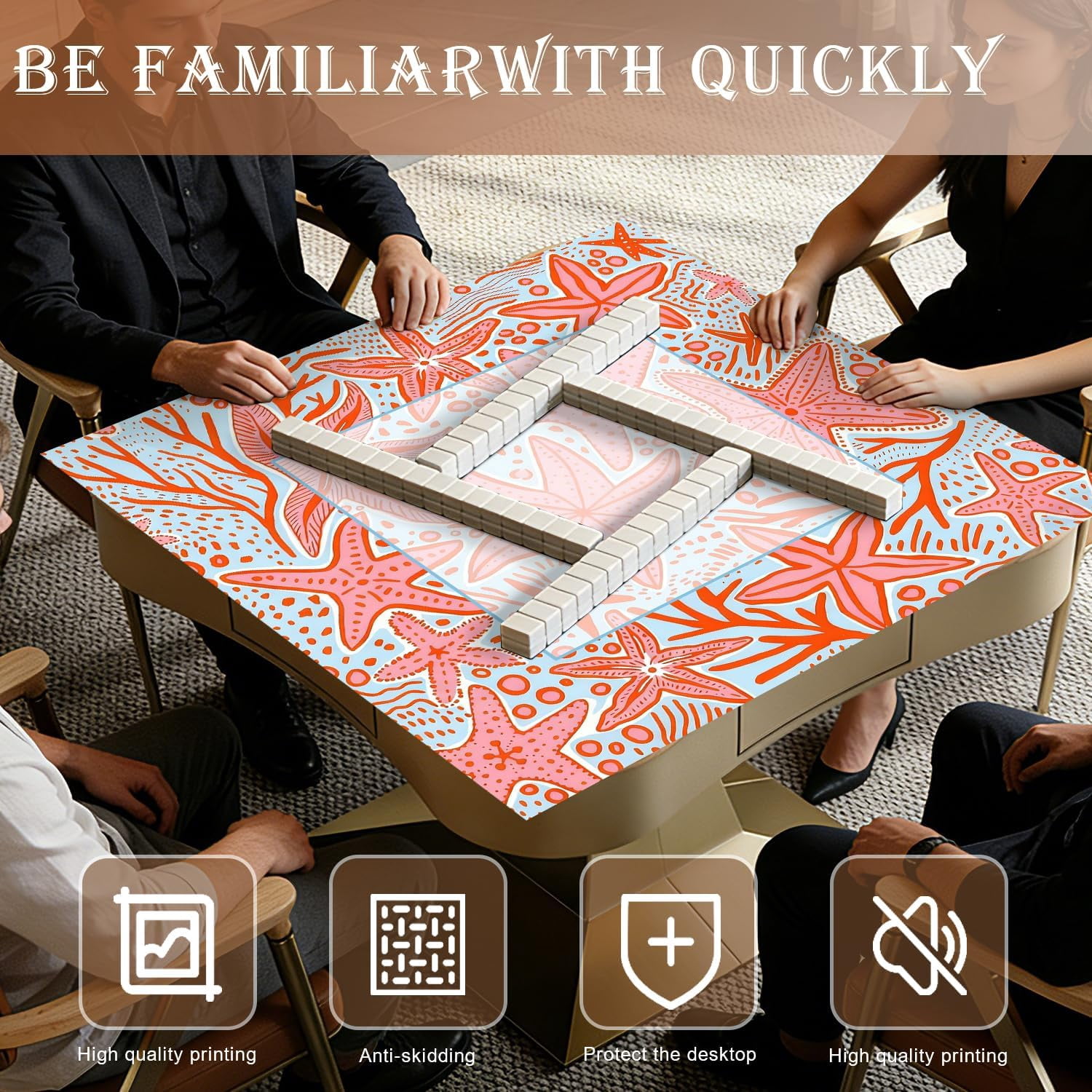 Preppy Beach Starfish Mahjong Mat for Table 31.5x31.5 in, Pink and Light Blue Coastal Mahjong Table Mat Cover Anti Slip Noise Reduction for Mah Jong Card Board Tile Games