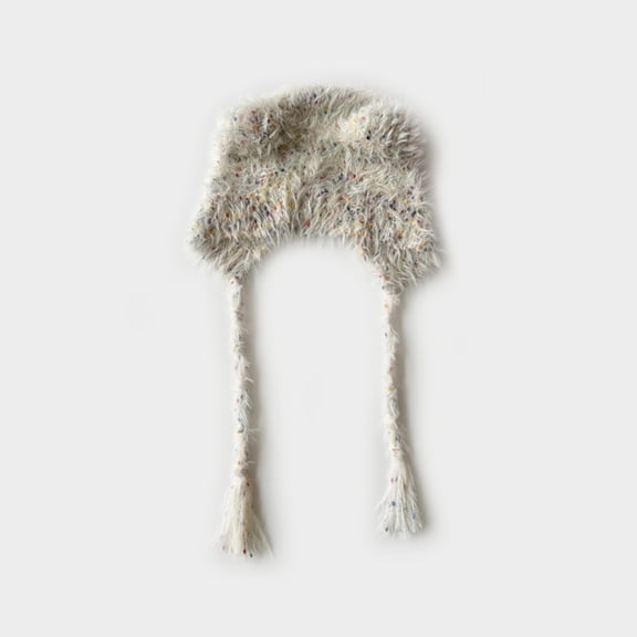 Roncen Winter Hat Cute Cat Ear Shape y2k Style Furry Knit Earflap Hat with Long Ear Straps Peruvian Cover Ear Beanie Hat