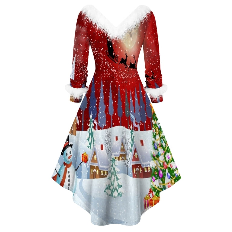 Hvot&aat Women's Christmas Printed Santa Costume Plush Furry V Neck Christmas  Dress Holiday Party Christmas Cosplay Dresses - Walmart.com