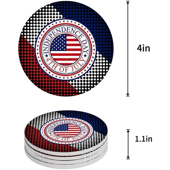 FMSHPON Happy Independence Day American Flag Set of 4 Round Coaster for Drinks, Absorbent Ceramic Stone Coasters Cup Mat with Cork Base for Home Kitchen Room Coffee Table Bar Decor
