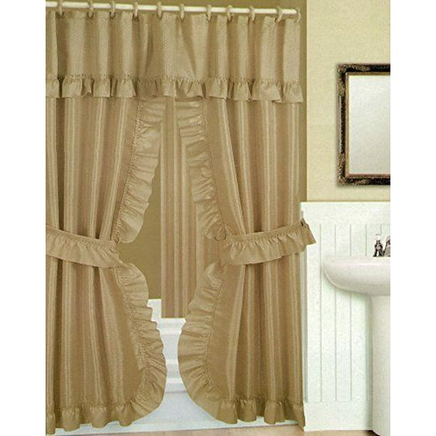 DOUBLE SWAG FABRIC SHOWER CURTAIN, VINYL LINER, SHOWER RINGS, DOBBY DOT