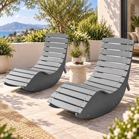 FOOWIN Outdoor Rocking Sunbed Set of 2, HDPE Rocking Chaise Lounge Chair with Ergonomic Curved Design & High Back, Patio Lounger for Porch, Backyard, Garden & Poolside, Gray