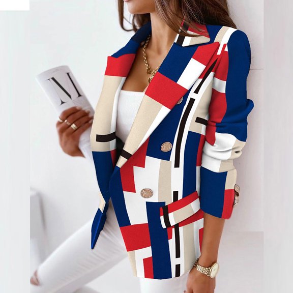 HWRETIE Womens Trench Coats Coat Women Business Attire Plaid Printed Long Sleeve Button Slimming Cardigan Coat Top Blue 10(Xl)